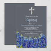 Bluebonnets Bloral Dusty Blue Cross Taufe Einladung (Vorne/Hinten)