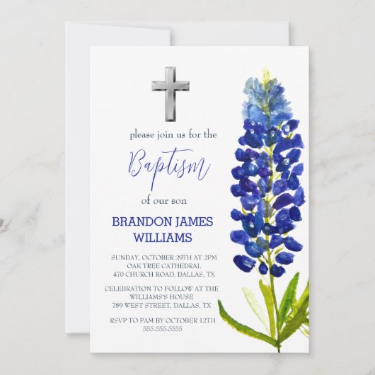 Bluebonnets Bloral Dusty Blue Cross Taufe Einladung (Vorderseite)