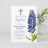 Bluebonnets Bloral Dusty Blue Cross Taufe Einladung (Stehend Vorderseite)