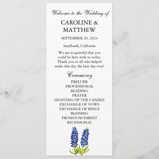 Bluebonnets Blue Floral Elegante Moderne Hochzeit Programm (Vorderseite)