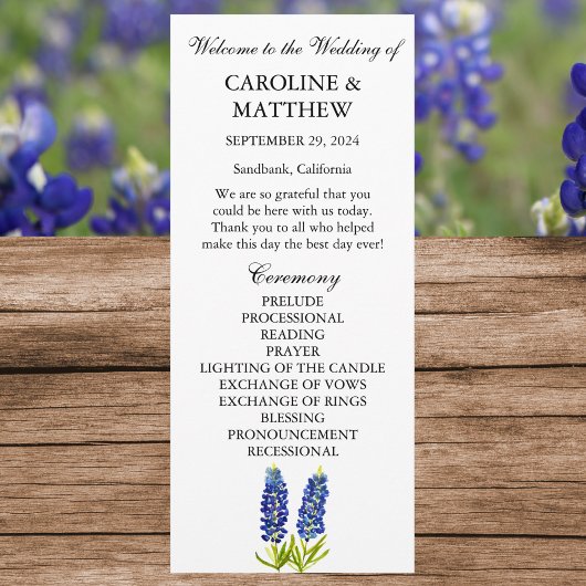 Bluebonnets Blue Floral Elegante Moderne Hochzeit Programm