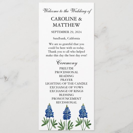 Bluebonnets Blue Floral Elegante Moderne Hochzeit Programm (Vorderseite)