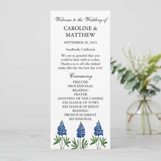 Bluebonnets Blue Floral Elegante Moderne Hochzeit Programm (Stehend Vorderseite)