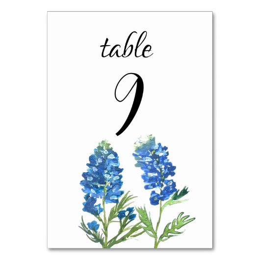 Bluebonnets Blue Floral Texas Blume Hochzeit Tischnummer (Vorderseite)