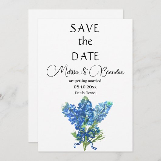 Bluebonnets Blue Floral Texas Rustikale Hochzeit Einladung (Vorne/Hinten)