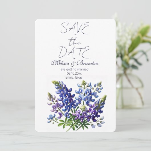 Bluebonnets Blue Floral Texas Rustikale Hochzeit Einladung (Stehend Vorderseite)