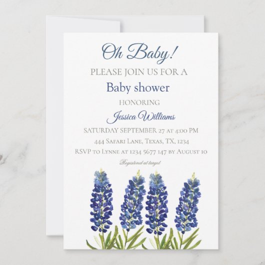 Bluebonnets Blue Floral Watercolor Texas Baby boy Einladung (Vorderseite)