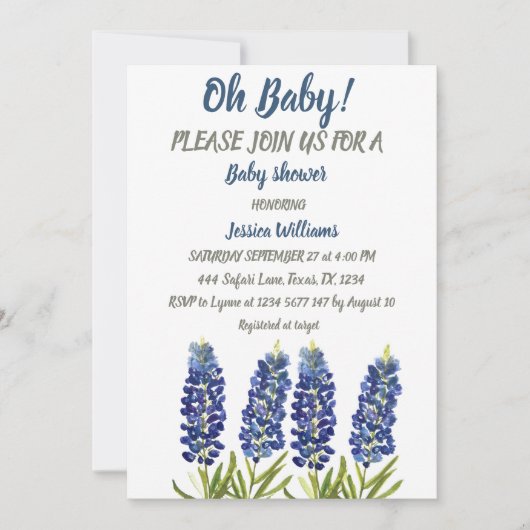 Bluebonnets Blue Floral Watercolor Texas Baby Einladung (Vorderseite)