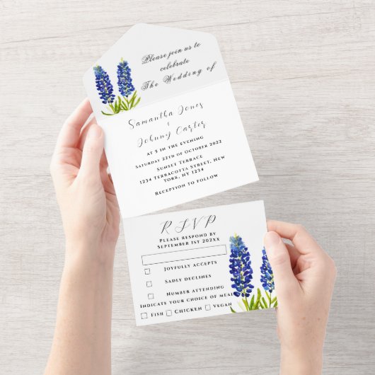 Bluebonnets Blue Wildblume Floral Lupin Wedding All In One Einladung (Abreißen)