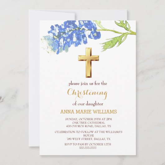 Bluebonnets Blueborgoldene Wildblume Cross Baptiss Einladung (Vorderseite)