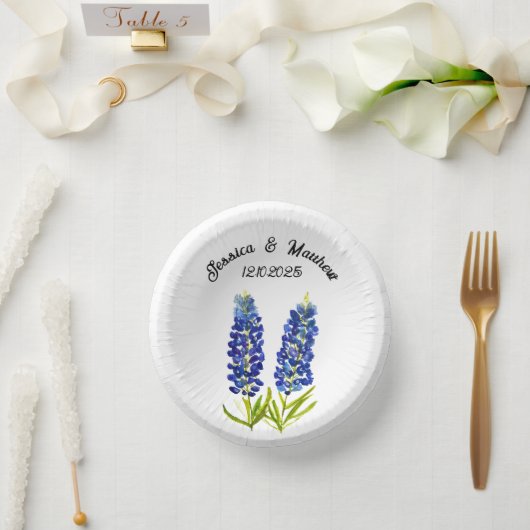 Bluebonnets Blütenblühende Boho Wasserfarbenhochze Pappteller (Hochzeit)
