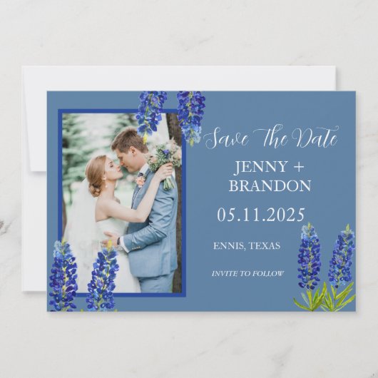 Bluebonnets Elegantes Foto Save The Date (Vorderseite)