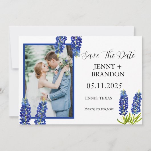 Bluebonnets Elegantes Foto Save The Date (Vorderseite)