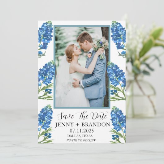 Bluebonnets Elegantes Foto Save The Date (Stehend Vorderseite)