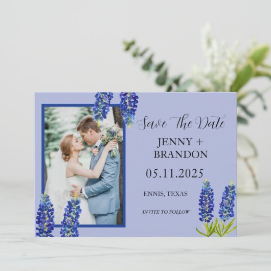 Bluebonnets Elegantes Foto Save The Date (Stehend Vorderseite)
