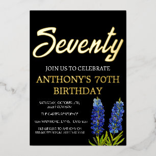 Bluebonnets Floral 70. Geburtstag Black Gold Texas Folieneinladung