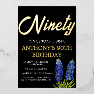 Bluebonnets Floral 90. Geburtstag Black Gold Texas Folieneinladung
