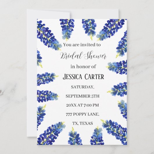 Bluebonnets Floral Watercolor Boho Brautparty Einladung (Vorderseite)