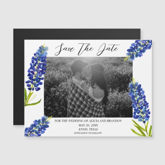 Bluebonnets Foto Wedding Spring Script Magnet (Vorne/Hinten)