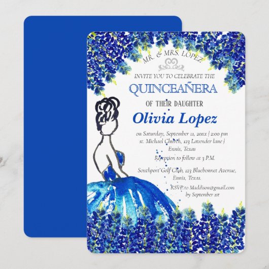 Bluebonnets Quinceañera Blaue Wildblume Geburtstag Einladung (Vorne/Hinten)