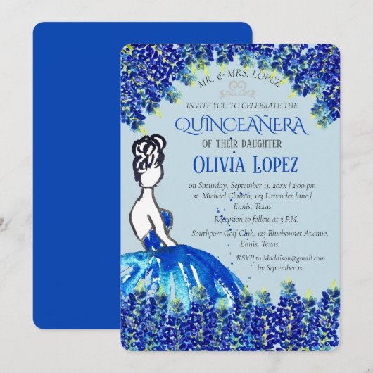 Bluebonnets Quinceañera Blue Floral Geburtstag Einladung (Vorne/Hinten)