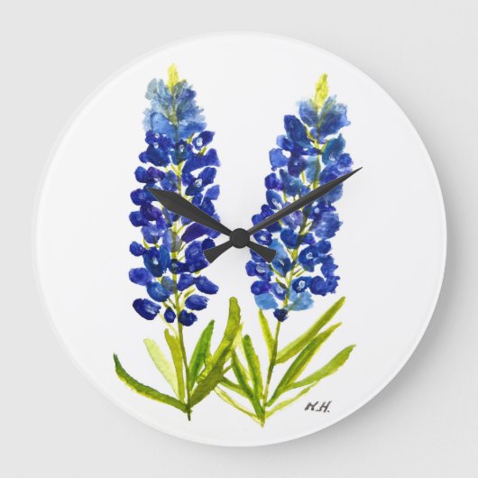 Bluebonnets Texas State Flowers Lupine Watercolor Große Wanduhr (Vorderseite)