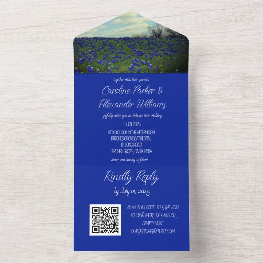 Bluebonnets Texas Texan Eleganter QR Code Wedding All In One Einladung (Innen Boden)