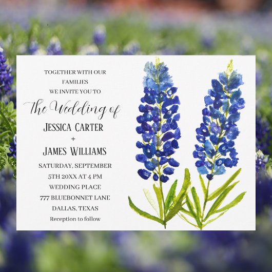 Bluebonnets Texas Watercolor Blue Floral Wedding Einladung