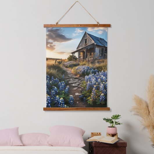 Bluebonnets und alter Stall in Texas Decoupage Wandteppich Mit Holzrahmen (Schlafzimmer)