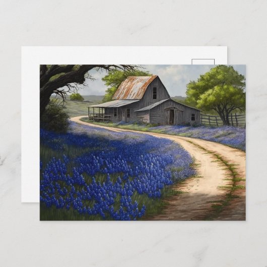 Bluebonnets und alter Stall in Texas Postkarte (Vorne/Hinten)