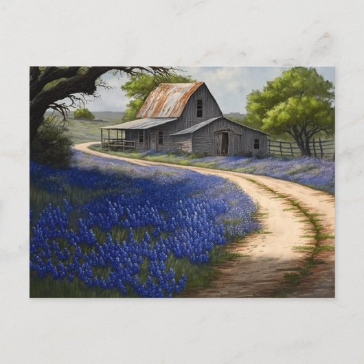 Bluebonnets und alter Stall in Texas Postkarte (Vorderseite)