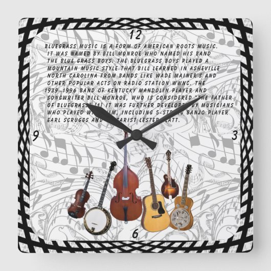 BLUEGRASS-BAND QUADRATISCHE WANDUHR (Vorderseite)