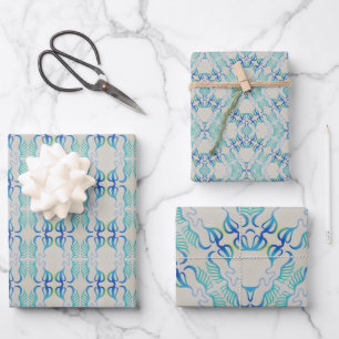 Bluegreen Wrapping Paper Flat Sheet Set 3 Geschenkpapier Set