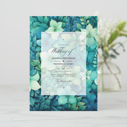 Blueish Grüntöne Floral Winter Wedding Einladung (Stehend Vorderseite)