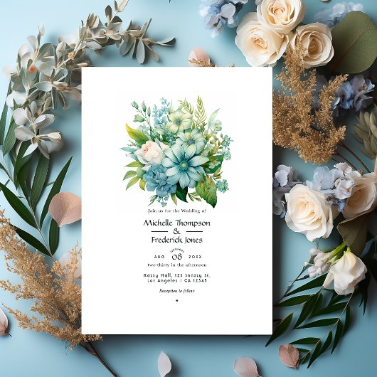 Blueish Grüntöne Floral Winter Wedding Einladung