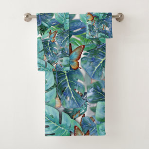 Blueish Turquoise Monstera Blätter & Butterfliegen Badhandtuch Set