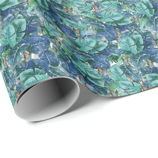 Blueish Turquoise Monstera Blätter & Butterfliegen Geschenkpapier (Rolleneckpunkt)