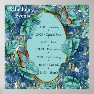 Blueish Turquoise Monstera Blätter & Butterfliegen Poster