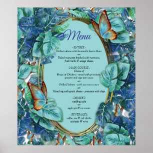 Blueish Turquoise Monstera Blätter & Butterfliegen Poster