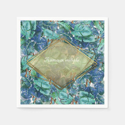 Blueish Turquoise Monstera Blätter & Butterfliegen Serviette (Vorderseite)