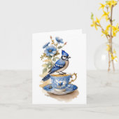 Bluejay auf einem Teacup Karte (Gelbe Blume)