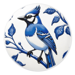 BlueJay Delft Blue und White Asian Leafy Jay Bird Keramikknauf