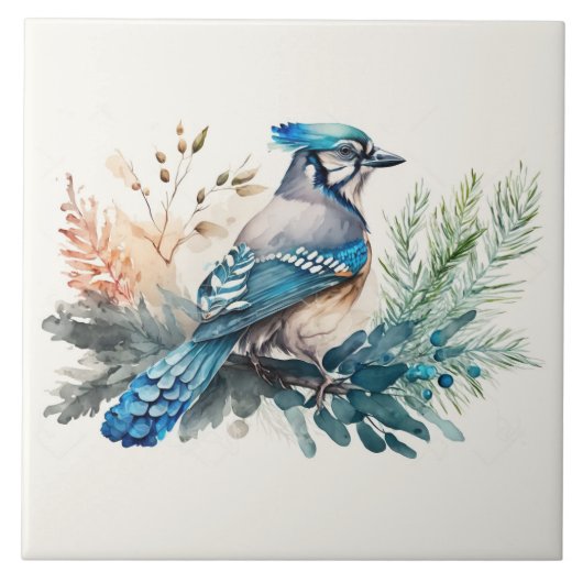 Bluejay in einer Aquarellfarbe Fliese (Vorderseite)
