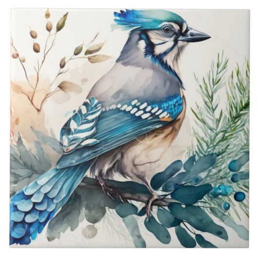 Bluejay in einer Aquarellfarbe Fliese (Vorderseite)