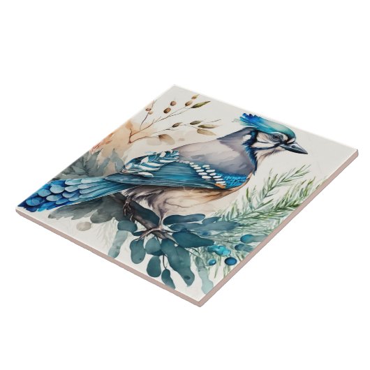 Bluejay in einer Aquarellfarbe Fliese (Seite)