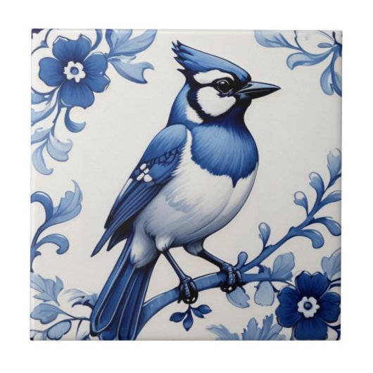 BlueJay Jay Bird Delft Blue und White Asian Floral Fliese (Vorderseite)