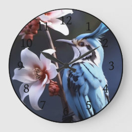 Bluejay und Blume Große Wanduhr