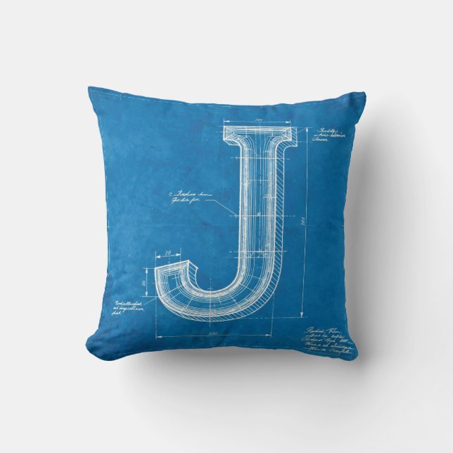 Blueprint Monogram Letter J Kissen (Vorderseite)