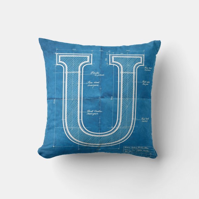 Blueprint Monogram Letter U Kissen (Vorderseite)