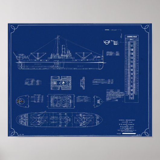 Blueprint of Lake Freighter SS War Dance Print Poster (Vorne)